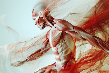 Fototapeta premium An artistic depiction of a human muscular system with dynamic red overlays.
