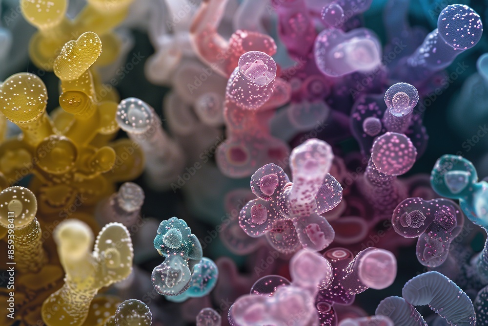Poster abstract representation of colorful microscopic organisms or cells in a dynamic environment.