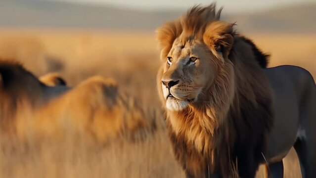 footage of a majestic lion surveying its territory in the African savannah