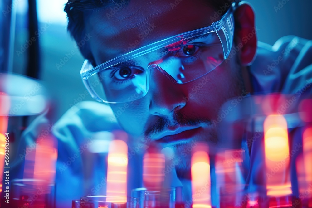 Poster a scientist conducts experiments with glowing test tubes in a laboratory setting.