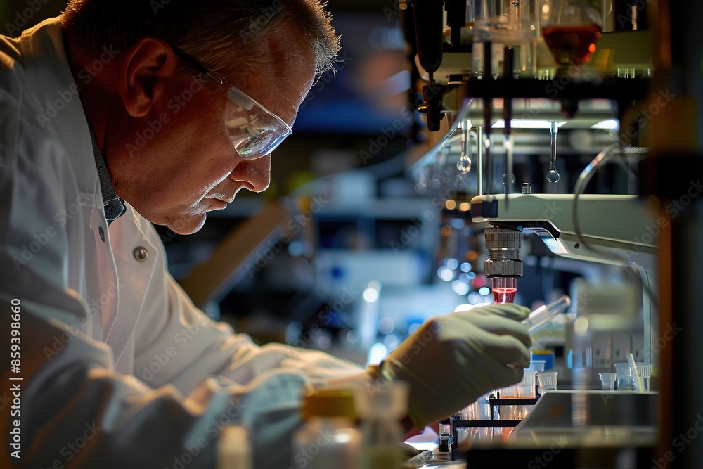 Poster scientist conducting a lab experiment with precise equipment.