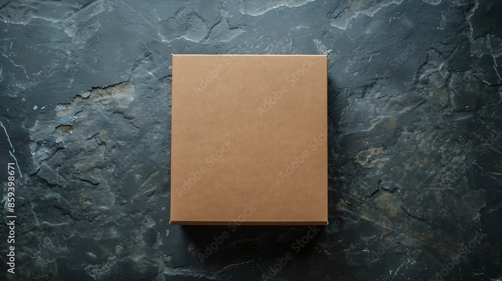 Aufkleber Empty design of a brown box on a black stone concrete Mock upward view from above isolated Packing box Cardboard template is closed at the top : Generative AI
