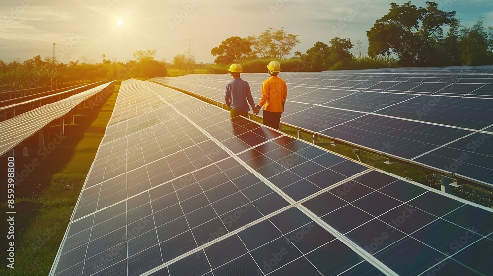 Poster the solar farmsolar panel with two engineers walk to check the operation of the system alternative e