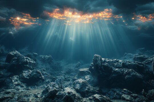 Underwater Scene with Sunlight Beaming Through Ocean Surface Illuminates Rocky Seabed Below Dark Stormy Skies Creating Mystical Atmosphereunderwater