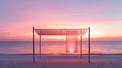 Empty beach with romantic pink light awning for vacation concept