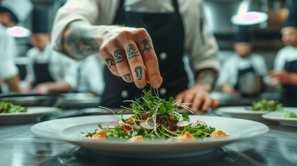 A chef with tattoos is plating up an elegant salad. The background shows other chefs in black aprons working on their dishes