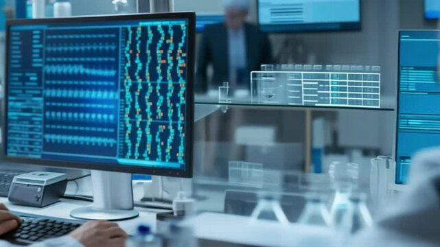 Footage of a medical researcher analyzing data on a computer