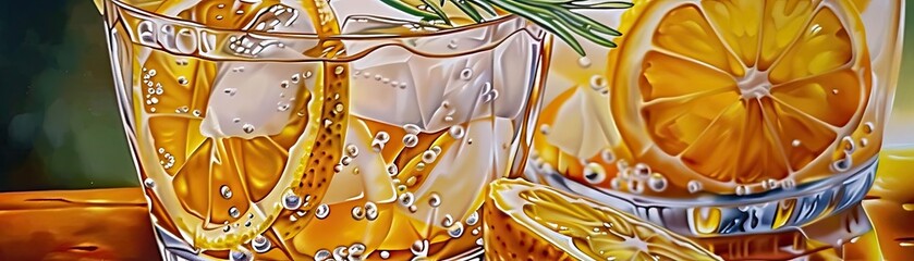 Close-up of refreshing citrus drinks with ice and rosemary garnish in clear glass, showcasing vibrant colors and detail on a rustic background.