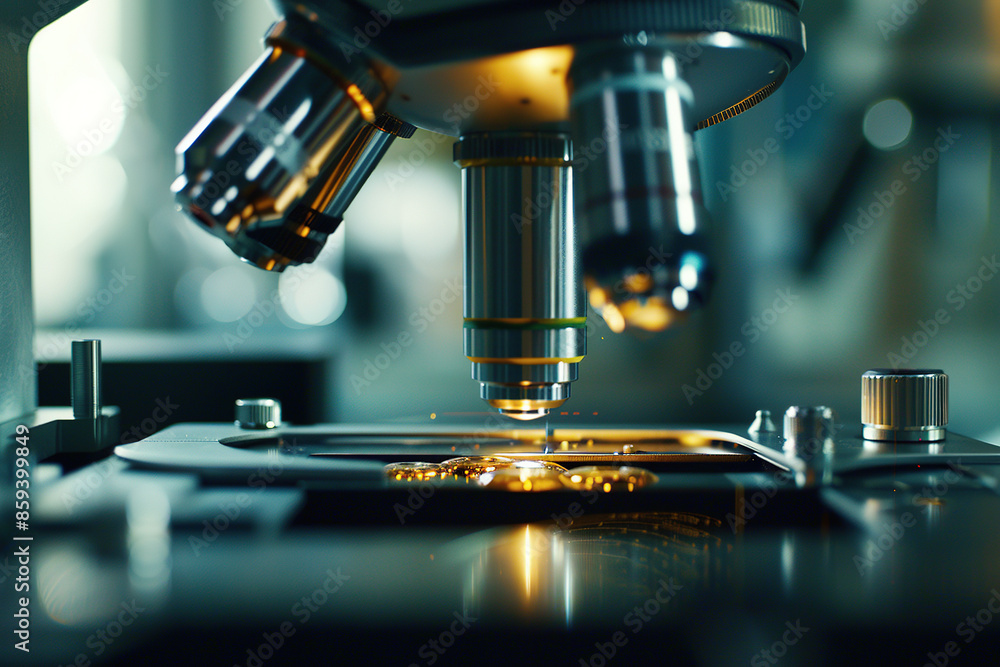 Poster close-up of a microscope with a slide, used for scientific research in a laboratory.