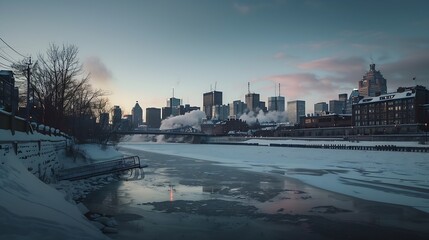 Daylight view of downtown Montreal from Griffintown in winter morning : Generative AI