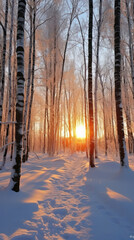 Snow-covered forest in winter with tall trees and a clear sky