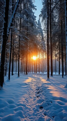 Snow-covered forest in winter with tall trees and a clear sky