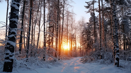 Snow-covered forest in winter with tall trees and a clear sky