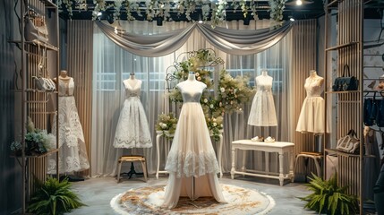 A bridal boutique with an elegant display of wedding dresses on mannequins, surrounded by lace curtains, floral arrangements, and a plush fitting area