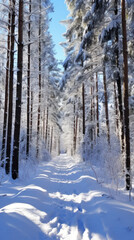 Snow-covered forest in winter with tall trees and a clear sky