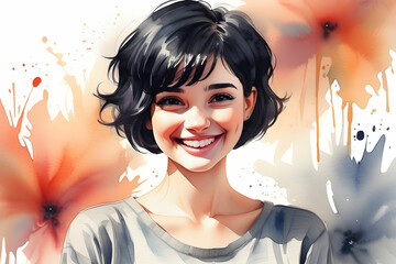 A beautiful girl with short black hair smiling.