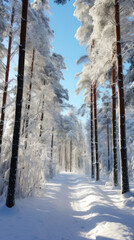 Snow-covered forest in winter with tall trees and a clear sky