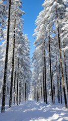 Snow-covered forest in winter with tall trees and a clear sky