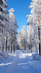 Snow-covered forest in winter with tall trees and a clear sky