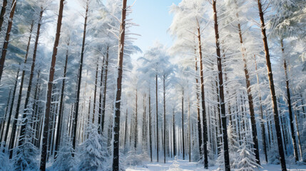 Snow-covered forest in winter with tall trees and a clear sky