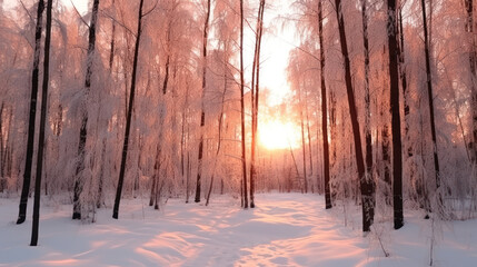 Snow-covered forest in winter with tall trees and a clear sky