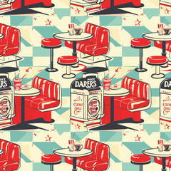 A seamless pattern featuring a retro diner theme with red booths, tables, barstools, and vintage decor in a nostalgic style.