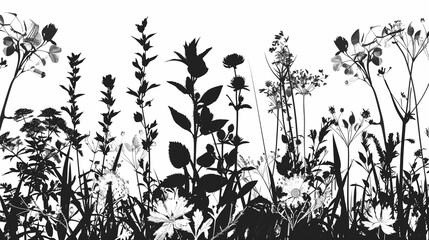 black and white wild flowers picture of the shadows of wildflowers, composition clipart, isolated white background flower sketches