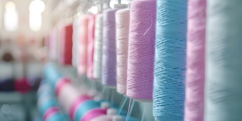 Industrial textile thread factory sewing cotton clothes in colorful setting. Concept Textile Industry, Thread Production, Clothing Manufacturing, Factory Setting, Colorful Environment