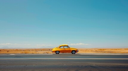 Obraz premium A minimalist shot of a single, sleek yellow car on an empty road with a clear blue sky above
