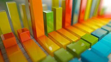 A vibrant 3D bar graph in bright colors captures dynamic statistical data, set against a soft-focused background for a modern and engaging look.