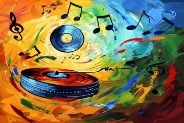 Abstract vibrant music and art fusion with vinyl record and notes