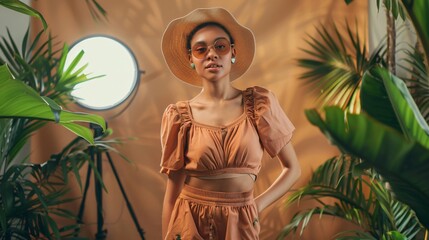 A professional fashion photoshoot with a model posing in a trendy outfit, surrounded by studio lights, backdrops, and a photographer capturing the perfect shot