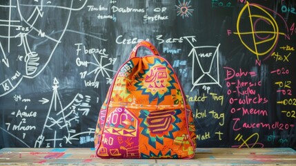 A vibrant school bag against a chalkboard background with mathematical equations and drawings