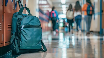 Obraz premium A trendy school bag leaning against a locker in a school hallway with blurred students walking by