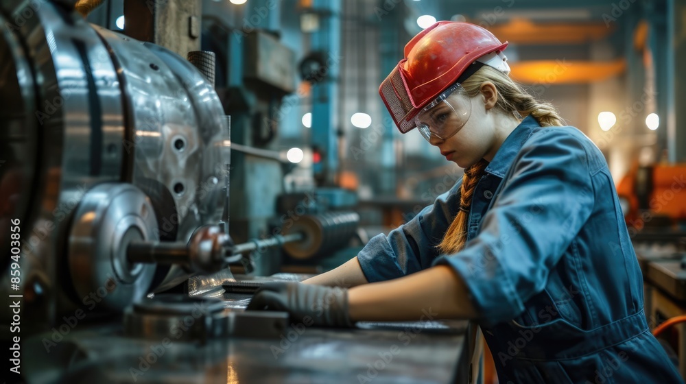 Poster smart engineer checking iron machine in factory while wearing safety helmet. professional industrial