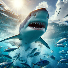 Fototapeta premium Shortfin Mako, Blue Pointer, Bonito Mackerel Predatory Shark Jumping out of the Water Showing Teeth and Pointed Snout Tropical Temperate Ocean Sea. One of the Fastest Creatures on Earth