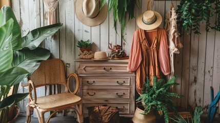 A rustic, bohemian-themed pop-up shop with eclectic clothing items displayed on vintage furniture, surrounded by plants and macrame decor
