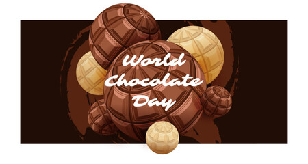 World Chocolate Day text design, dark and white chocolate ball composition, landscape backdrop