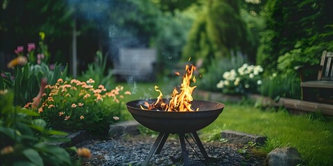 Fire pit in garden at outdoor party graphic art style. Concept Party Decor, Fire Pit, Outdoor Setting, Graphic Art, Garden
