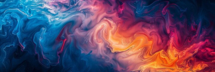 Vibrant abstract artwork featuring swirling patterns of blue, red, yellow, and pink hues, creating a dynamic visual.
