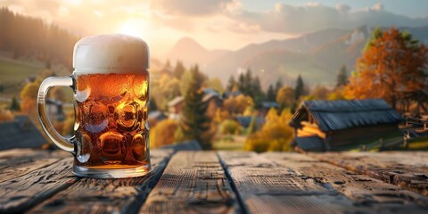 Wooden table with alpine village background beer Oktoberfest theme for product display. Concept Oktoberfest decor, Alpine village backdrop, Beer product display, Wooden table setting