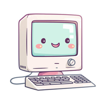 Retro computer illustration with a cute, smiling face. Nostalgic and fun, perfect for tech-themed designs and projects.