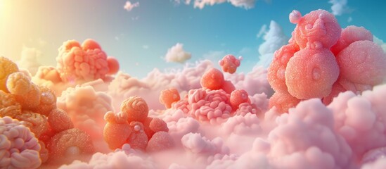 Many different sweets, caramel, cotton candy, candy in a bright colorful fairyland on a blue background of sky and clouds	
