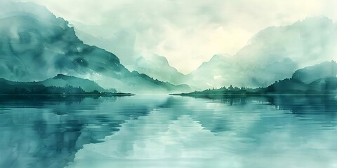 Watercolor background of misty fjord at dawn in blues and greens. Concept Watercolor Painting, Misty Fjord, Dawn, Blue and Green Tones