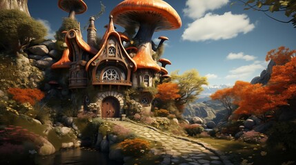 Fototapeta premium Magical Mushroom House. Fairytale Forest Dwelling. Whimsical Mushroom House 