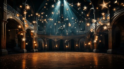 Obraz premium Empty Stage Illuminated by Spotlights with Stars in Background