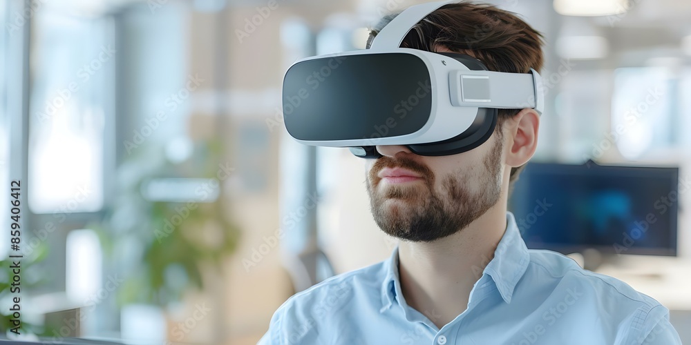 Poster designer uses virtual reality technology while working on computer. concept virtual reality technolo