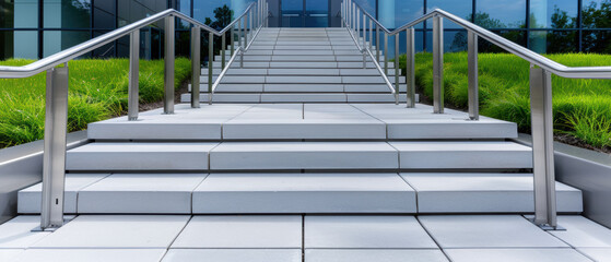 A staircase with a railing and a glass door