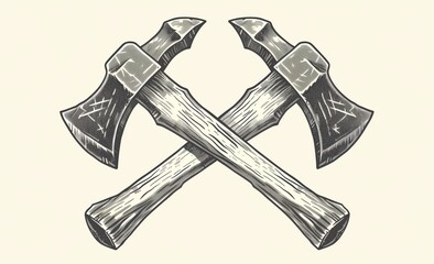 Minimalist Woodcut Style Logo with Crossed Axes