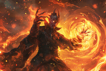 A detailed illustration of a tiefling warlock casting a dark spell, with demonic energy swirling around their outstretched hand, set against a fiery and chaotic background